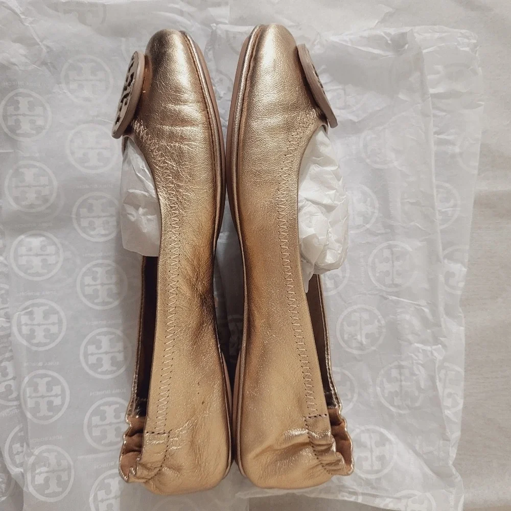Tory Burch Minnie Rose Gold Leather Logo Travel Ballet 6.5‎ Metallic Minimal